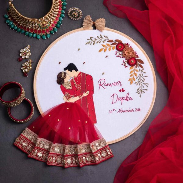 Red Dress Side-Facing Wedding Embroidery Handmade Gift