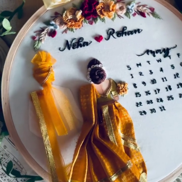 Yellow Saree Back-Facing Wedding Embroidery Handmade Gift